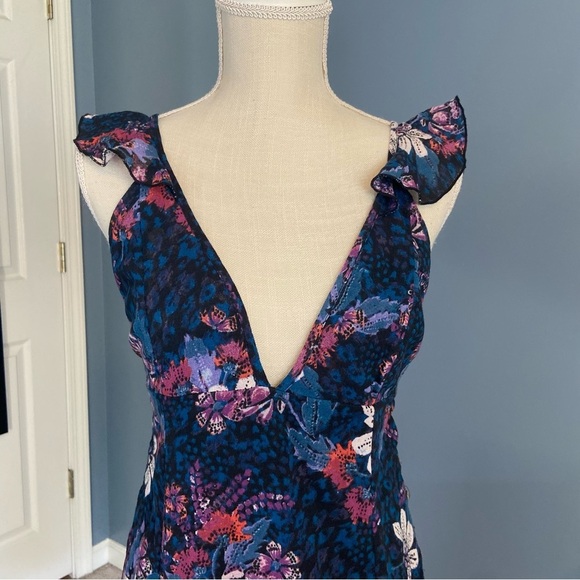 Free People Blue Floral Josie Deep V Neck Mini Dress - Picture 4 of 10